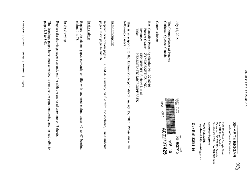 Document de brevet canadien 2716010. Modification 20150715. Image 1 de 23