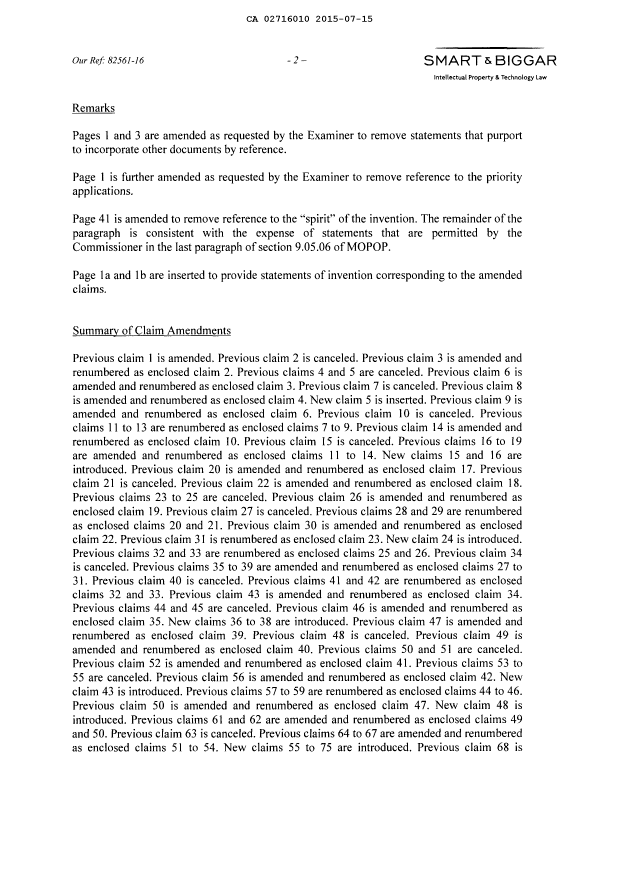 Document de brevet canadien 2716010. Modification 20150715. Image 2 de 23