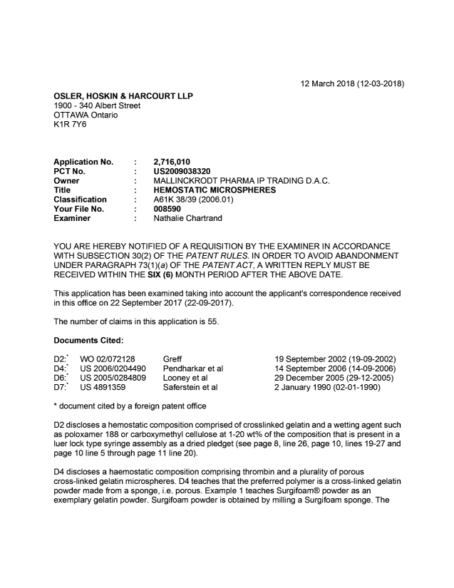 Document de brevet canadien 2716010. Demande d'examen 20180312. Image 1 de 5