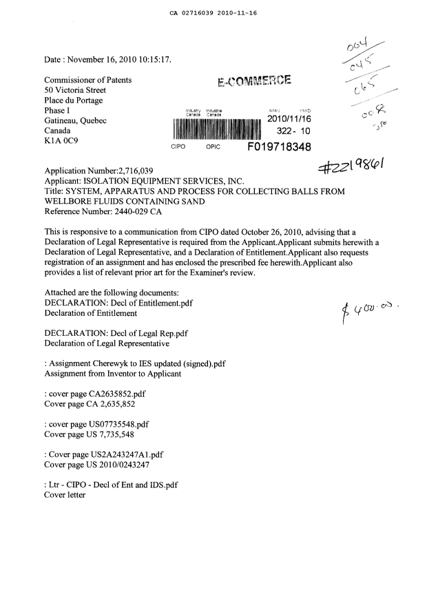 Document de brevet canadien 2716039. Correspondance 20091216. Image 1 de 6
