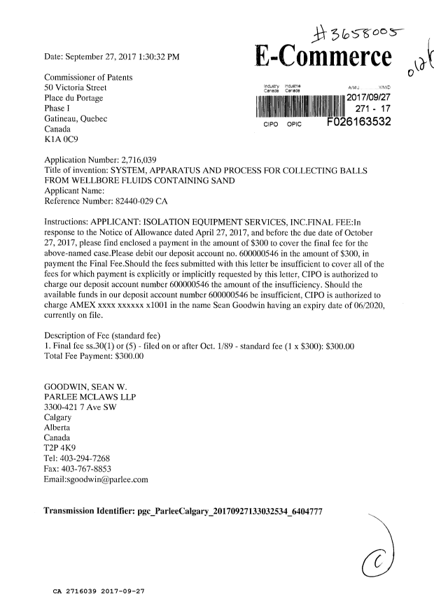 Document de brevet canadien 2716039. Correspondance 20161227. Image 1 de 1