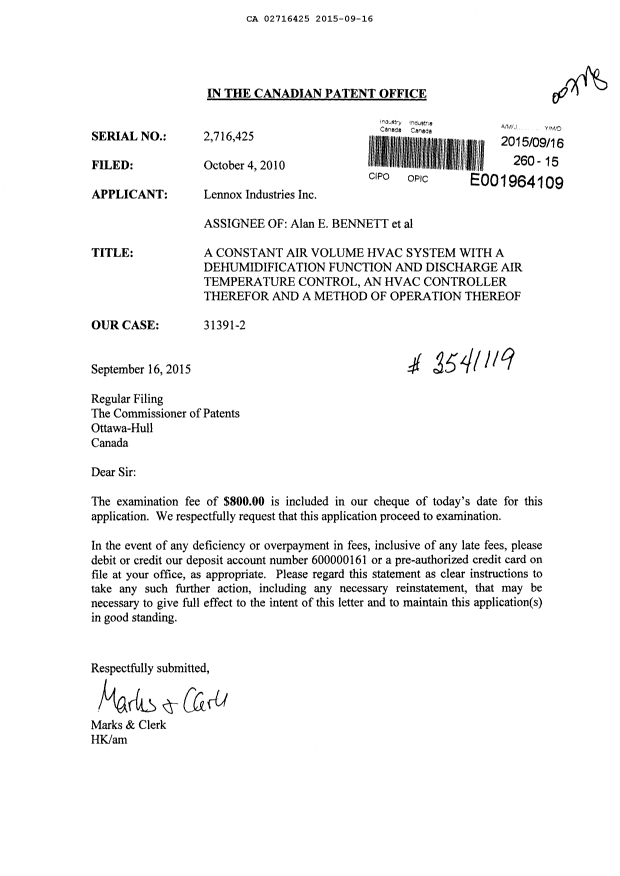 Document de brevet canadien 2716425. Poursuite-Amendment 20141216. Image 1 de 1