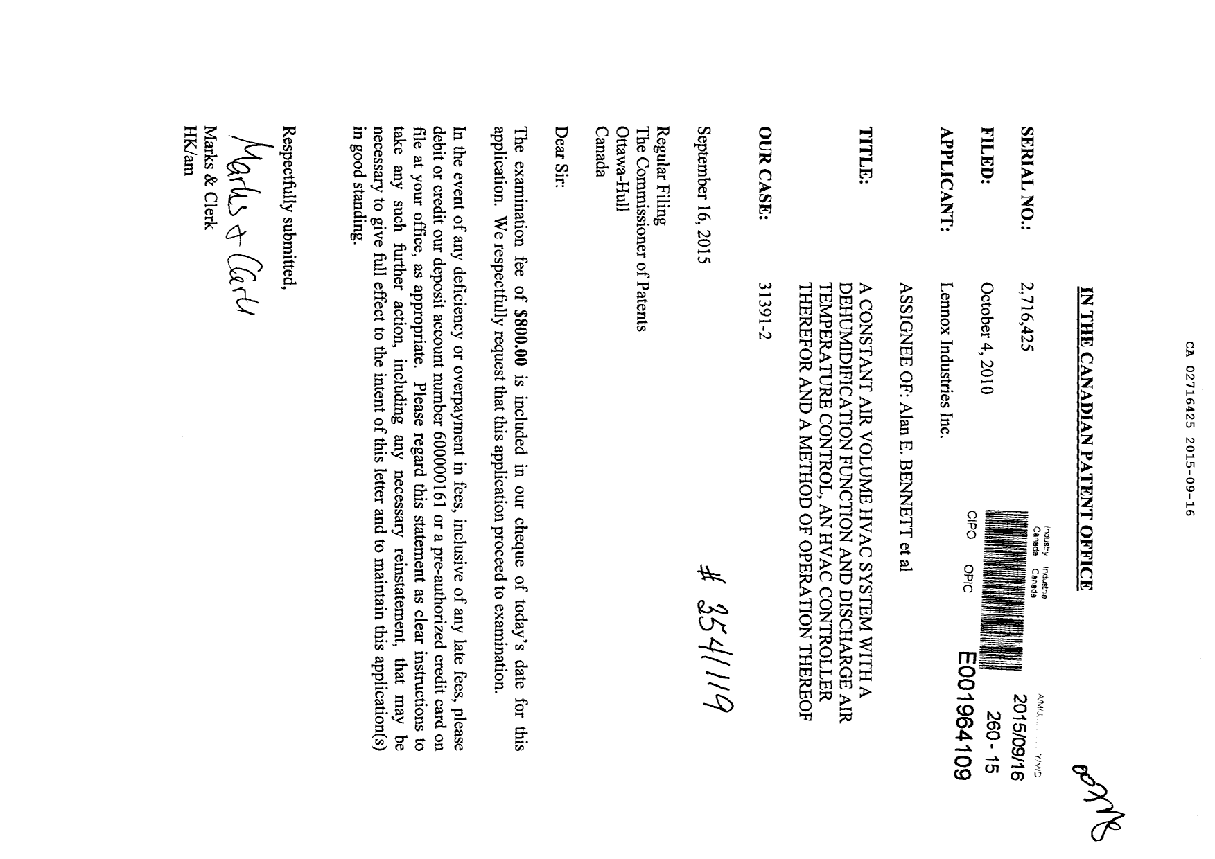 Document de brevet canadien 2716425. Poursuite-Amendment 20141216. Image 1 de 1