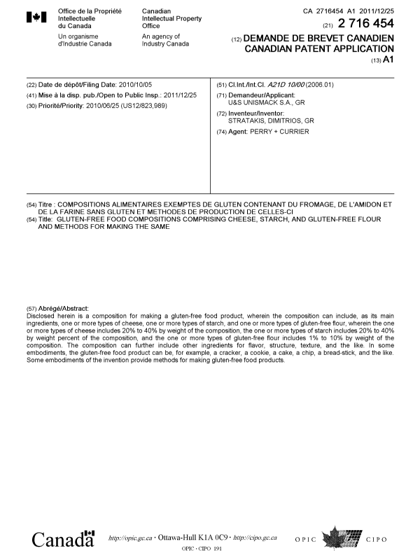 Document de brevet canadien 2716454. Page couverture 20101207. Image 1 de 1