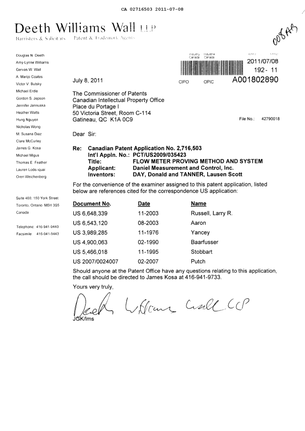 Canadian Patent Document 2716503. Prosecution-Amendment 20110708. Image 1 of 1