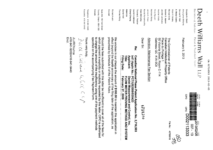 Document de brevet canadien 2716503. Taxes 20130205. Image 1 de 1
