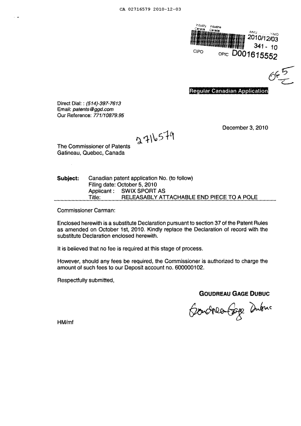 Document de brevet canadien 2716579. Correspondance 20101203. Image 1 de 2