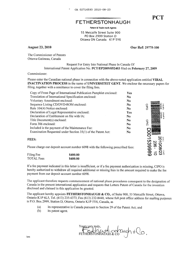 Document de brevet canadien 2716593. Cession 20100823. Image 1 de 2