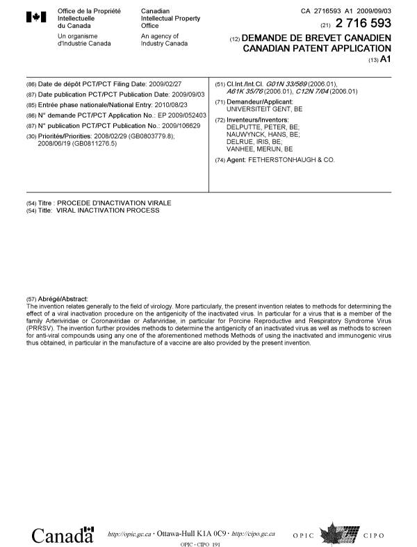 Document de brevet canadien 2716593. Page couverture 20101129. Image 1 de 1