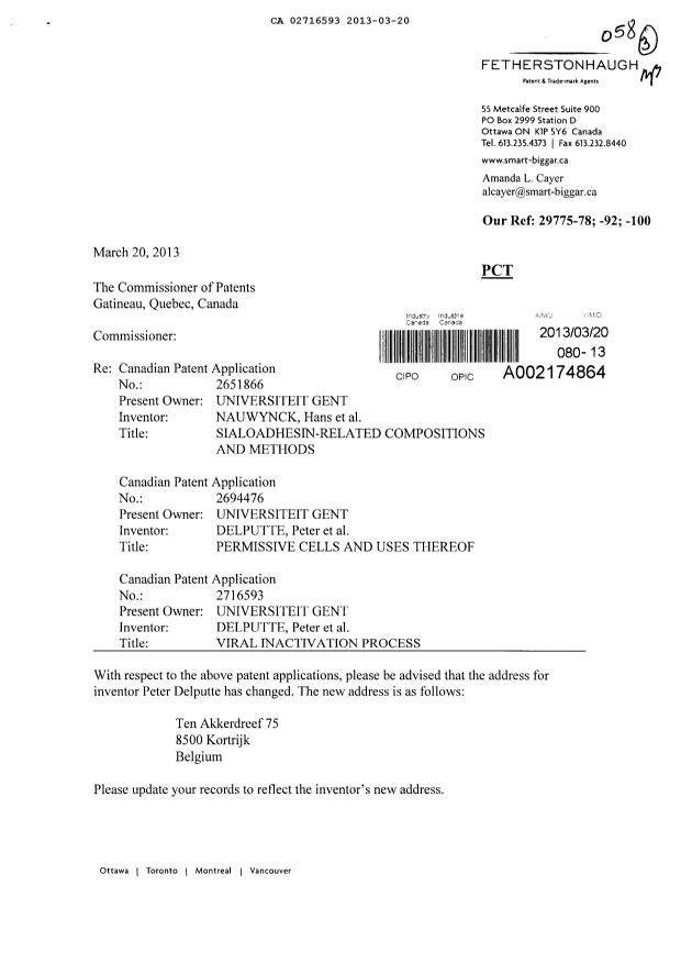 Document de brevet canadien 2716593. Correspondance 20130320. Image 1 de 2