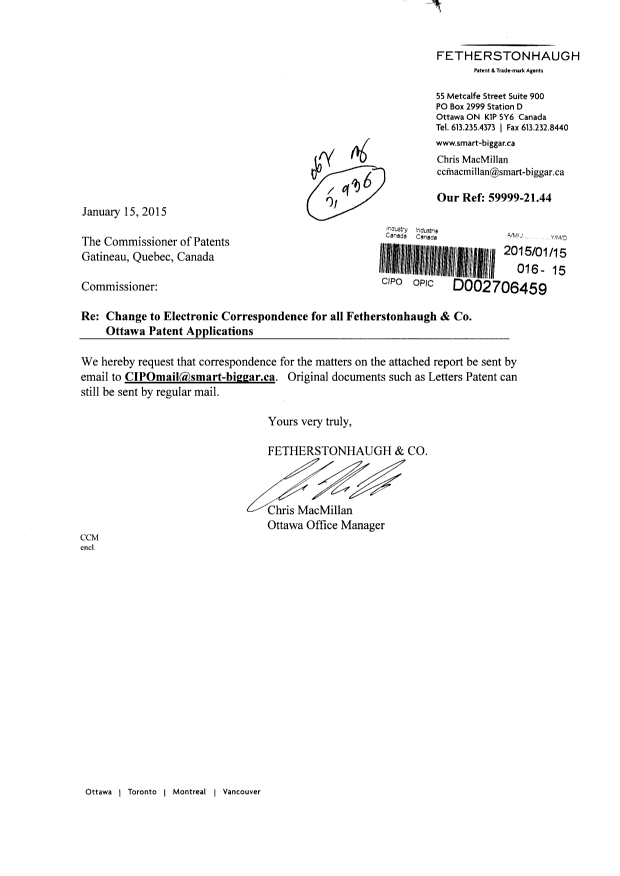 Document de brevet canadien 2716593. Correspondance 20150115. Image 1 de 2