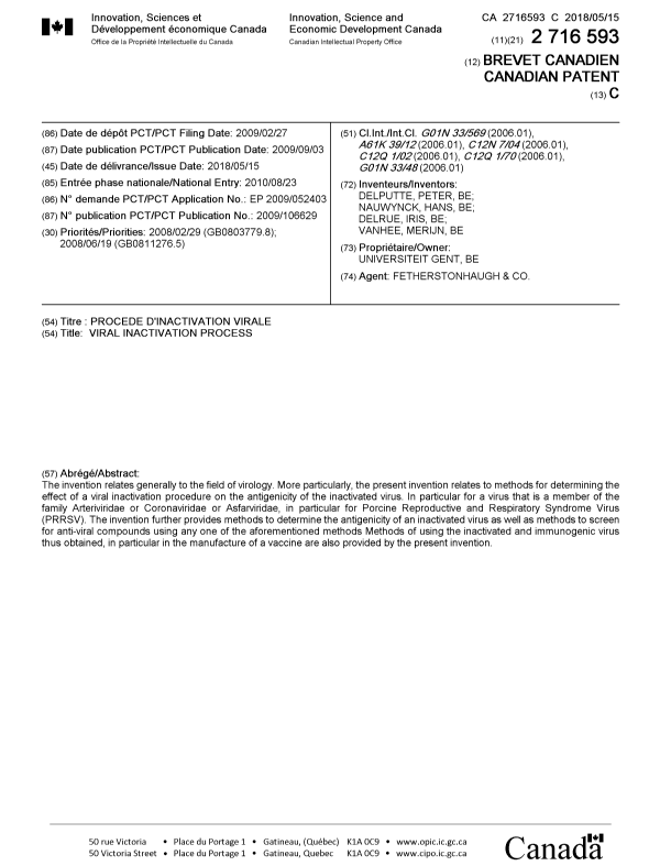 Document de brevet canadien 2716593. Page couverture 20180416. Image 1 de 1