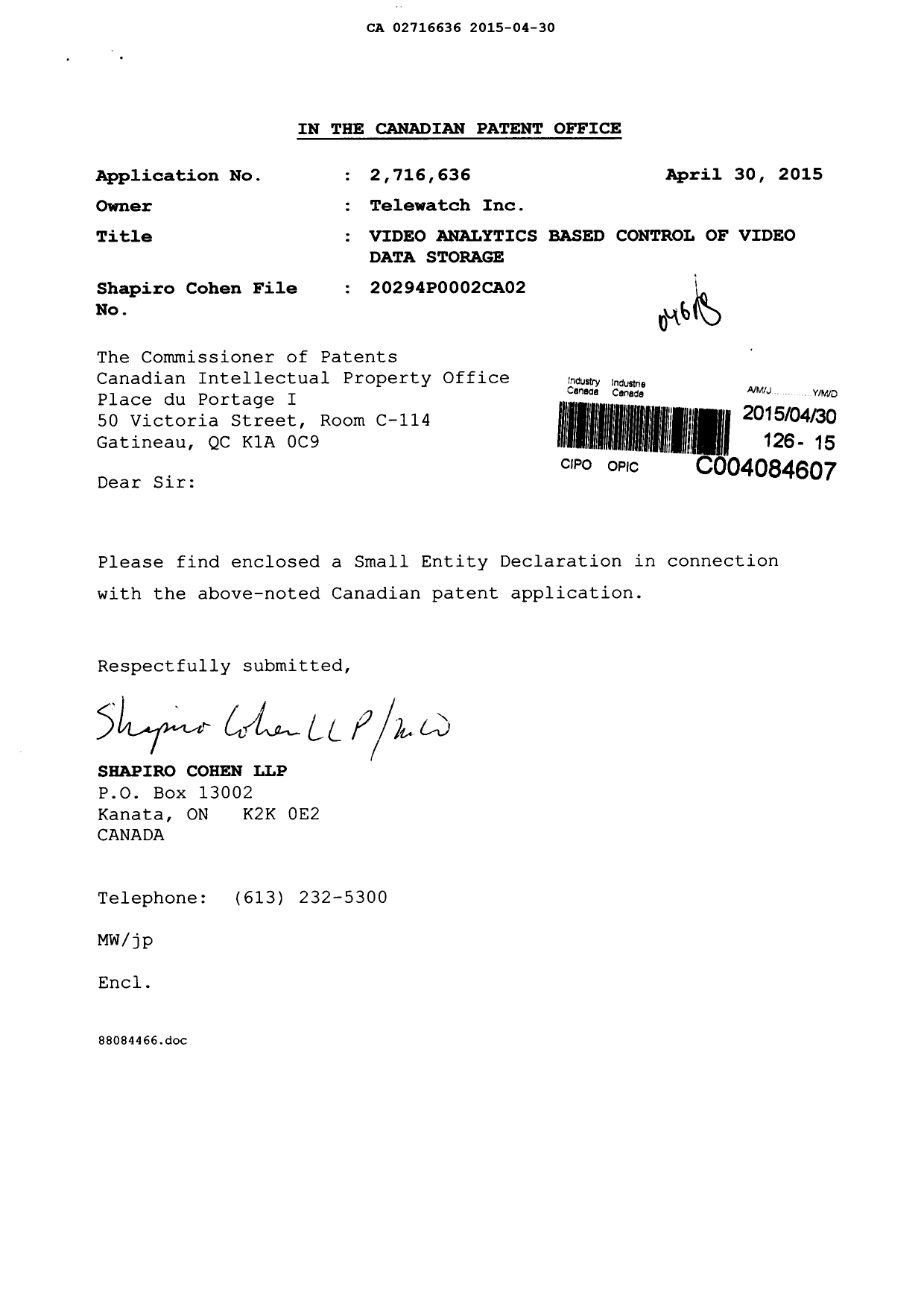 Document de brevet canadien 2716636. Correspondance 20141230. Image 1 de 2