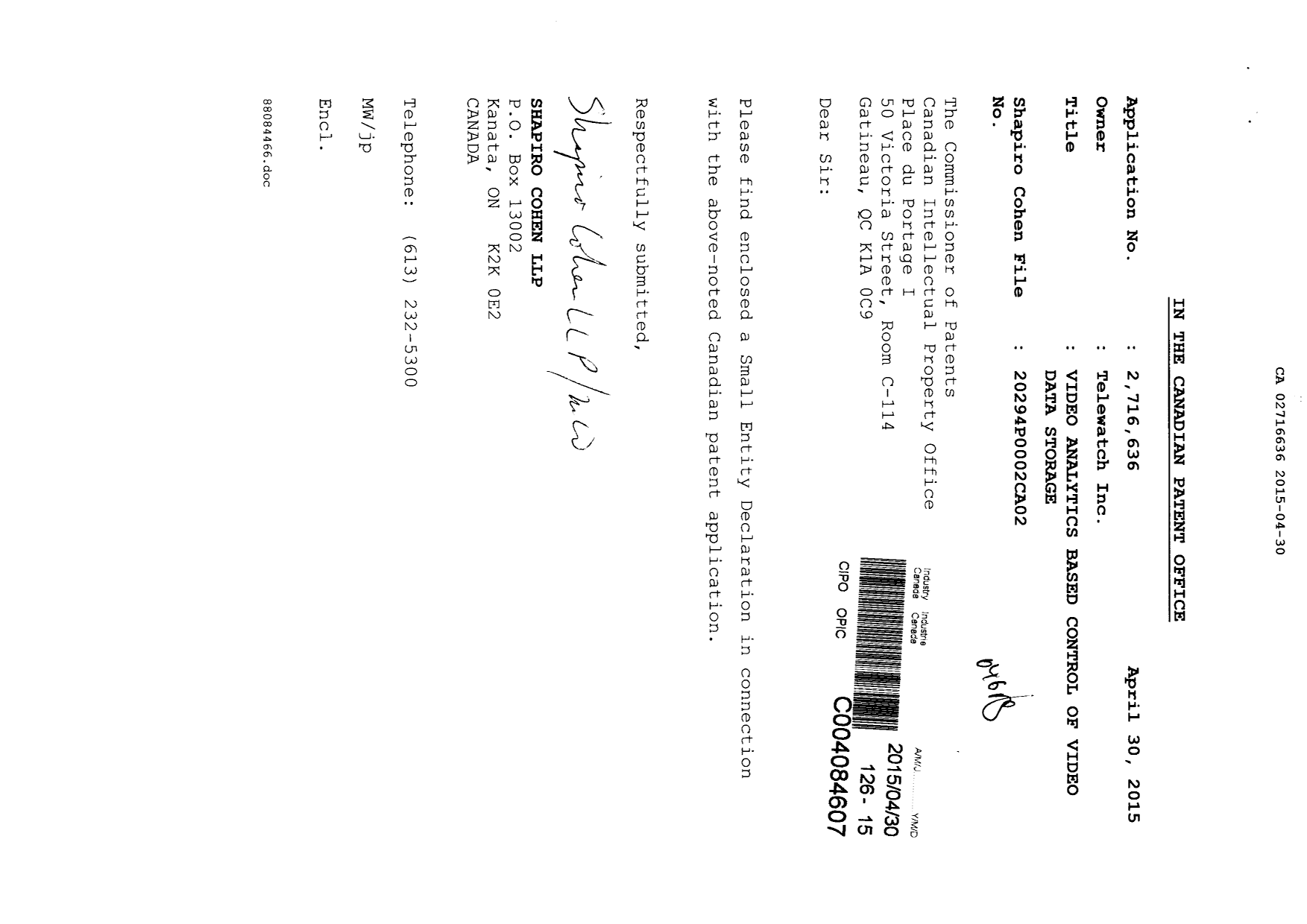 Document de brevet canadien 2716636. Correspondance 20141230. Image 1 de 2