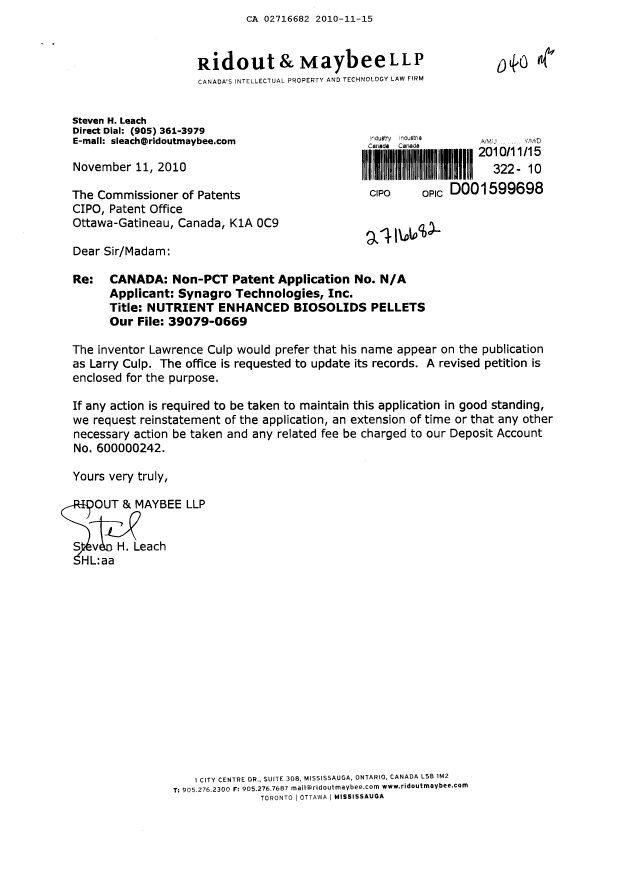 Document de brevet canadien 2716682. Correspondance 20091215. Image 1 de 2