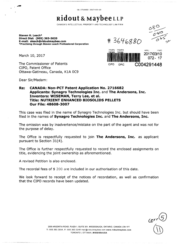 Document de brevet canadien 2716682. Modification au demandeur/inventeur 20170310. Image 1 de 5