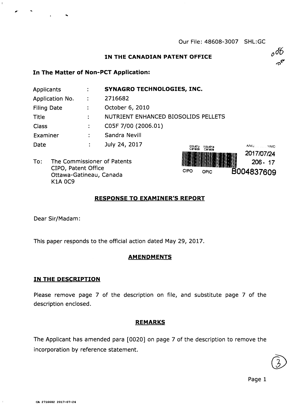 Canadian Patent Document 2716682. Amendment 20170724. Image 1 of 3