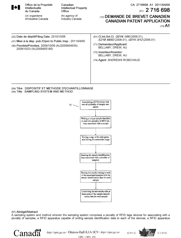 Document de brevet canadien 2716698. Page couverture 20110322. Image 1 de 2