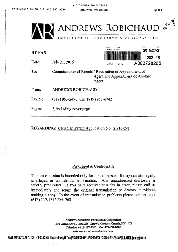 Document de brevet canadien 2716698. Changement de nomination d'agent 20150721. Image 1 de 2
