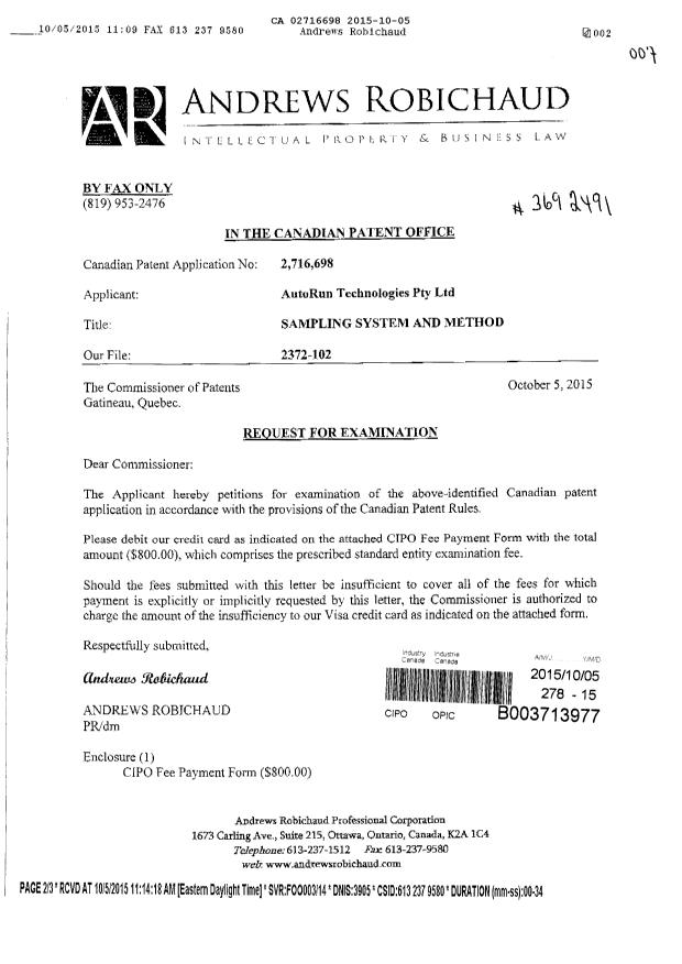 Document de brevet canadien 2716698. Requête d'examen 20151005. Image 1 de 2