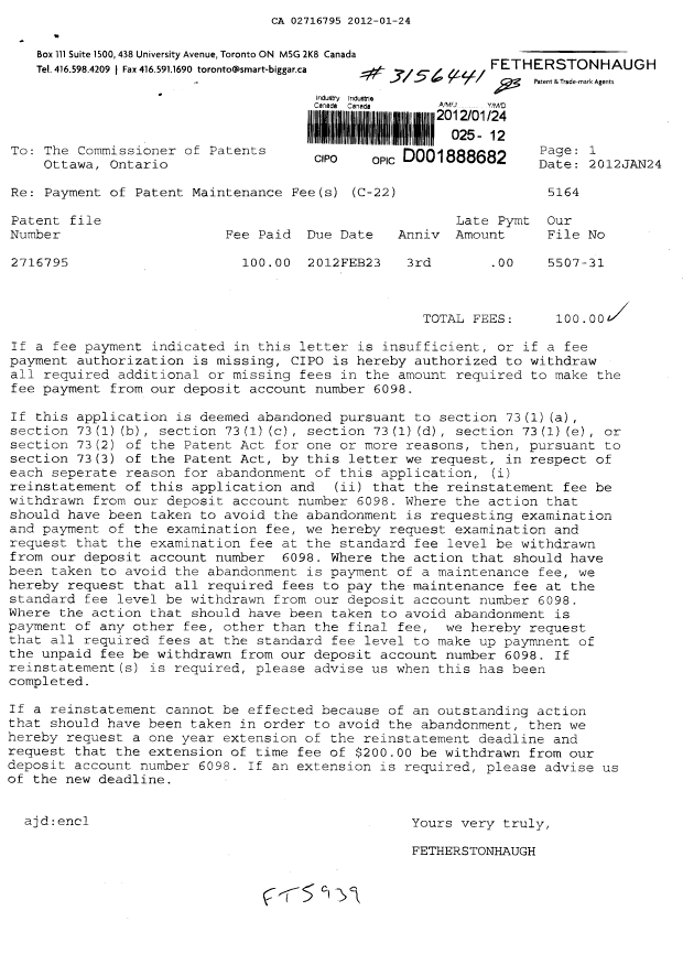 Document de brevet canadien 2716795. Taxes 20111224. Image 1 de 1