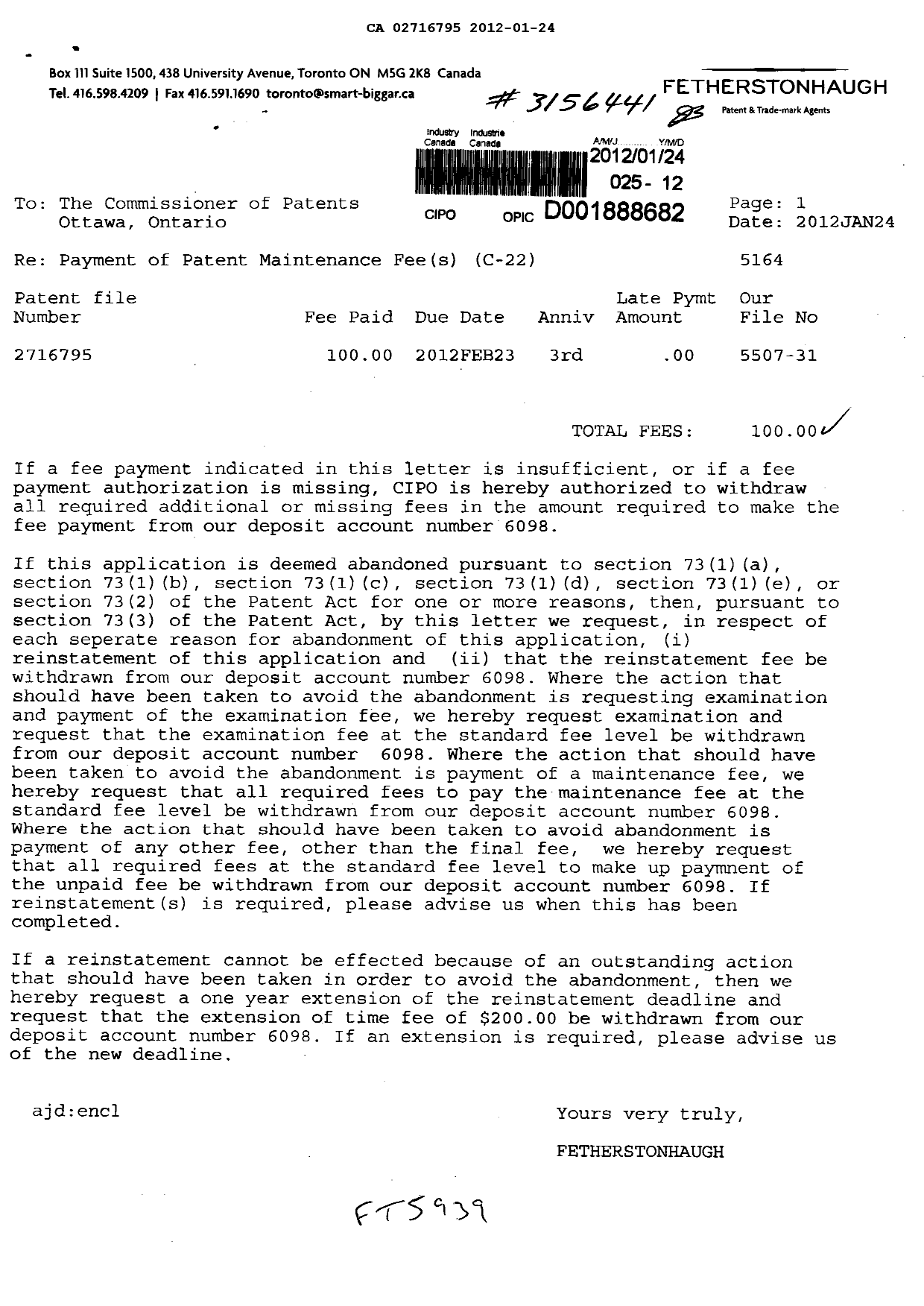 Document de brevet canadien 2716795. Taxes 20111224. Image 1 de 1