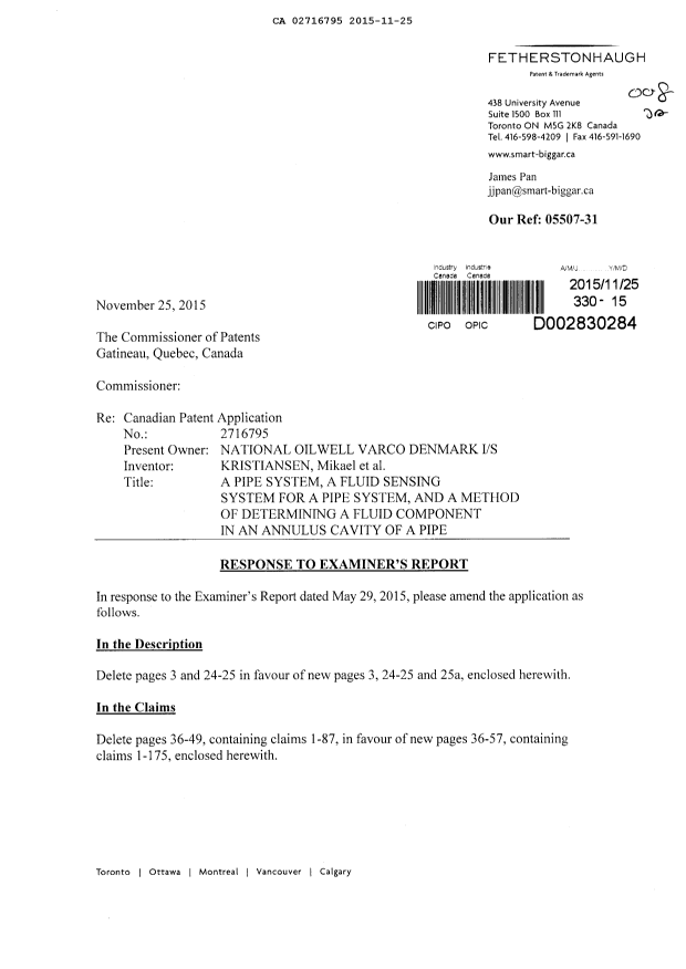 Document de brevet canadien 2716795. Poursuite-Amendment 20141225. Image 1 de 57