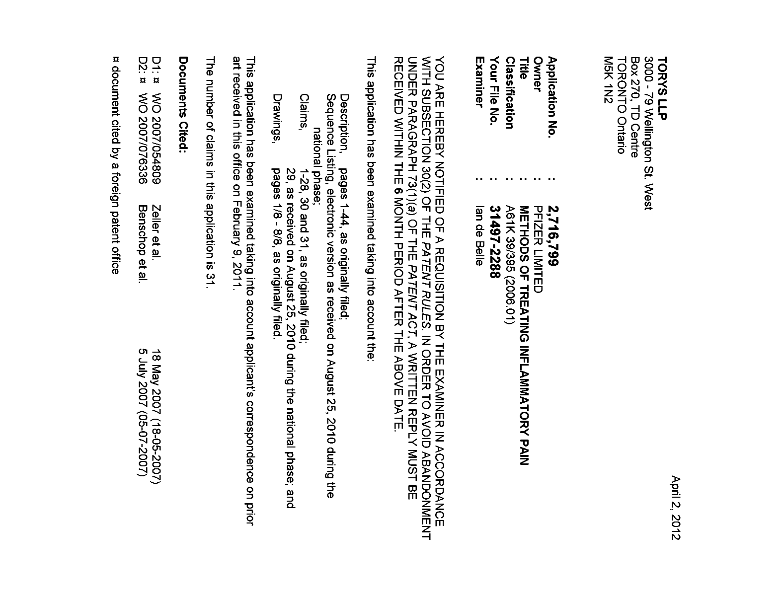 Document de brevet canadien 2716799. Poursuite-Amendment 20111202. Image 1 de 4