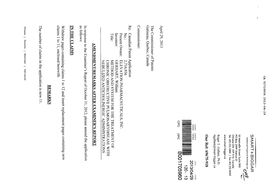 Document de brevet canadien 2716936. Poursuite-Amendment 20121229. Image 1 de 7