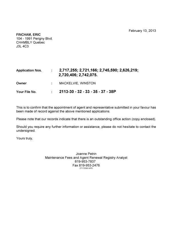 Document de brevet canadien 2717250. Correspondance 20121213. Image 1 de 1