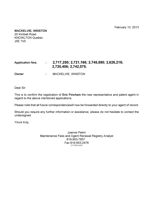 Document de brevet canadien 2717250. Correspondance 20130213. Image 1 de 1