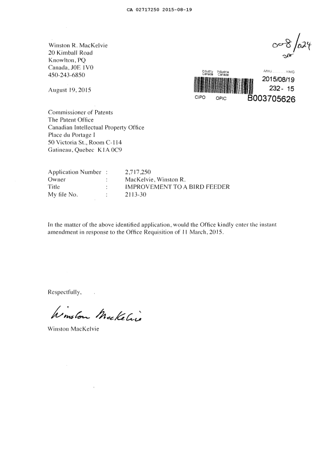 Document de brevet canadien 2717250. Correspondance 20141219. Image 1 de 2