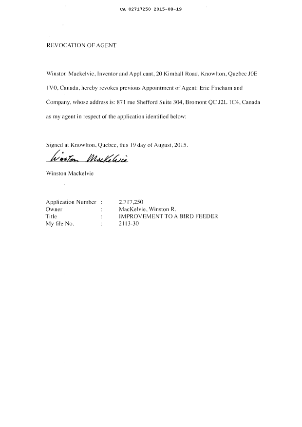 Document de brevet canadien 2717250. Correspondance 20141219. Image 2 de 2
