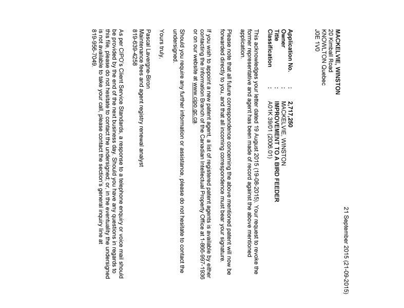 Document de brevet canadien 2717250. Lettre du bureau 20150921. Image 1 de 1