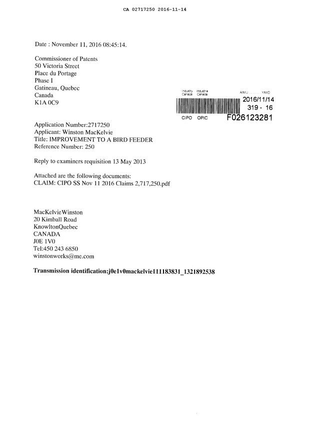 Document de brevet canadien 2717250. Poursuite-Amendment 20151214. Image 1 de 9