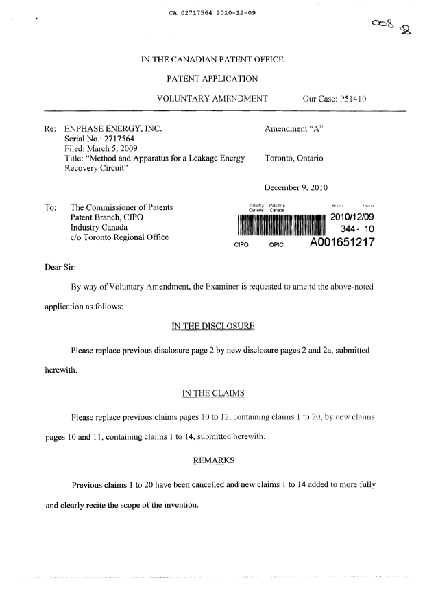 Canadian Patent Document 2717564. Prosecution-Amendment 20091209. Image 1 of 6