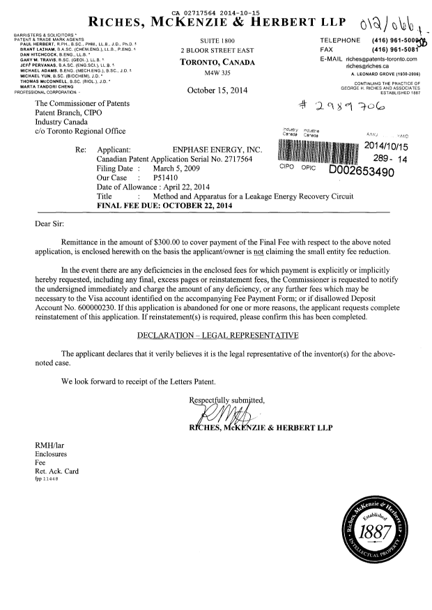 Canadian Patent Document 2717564. Correspondence 20131215. Image 1 of 1