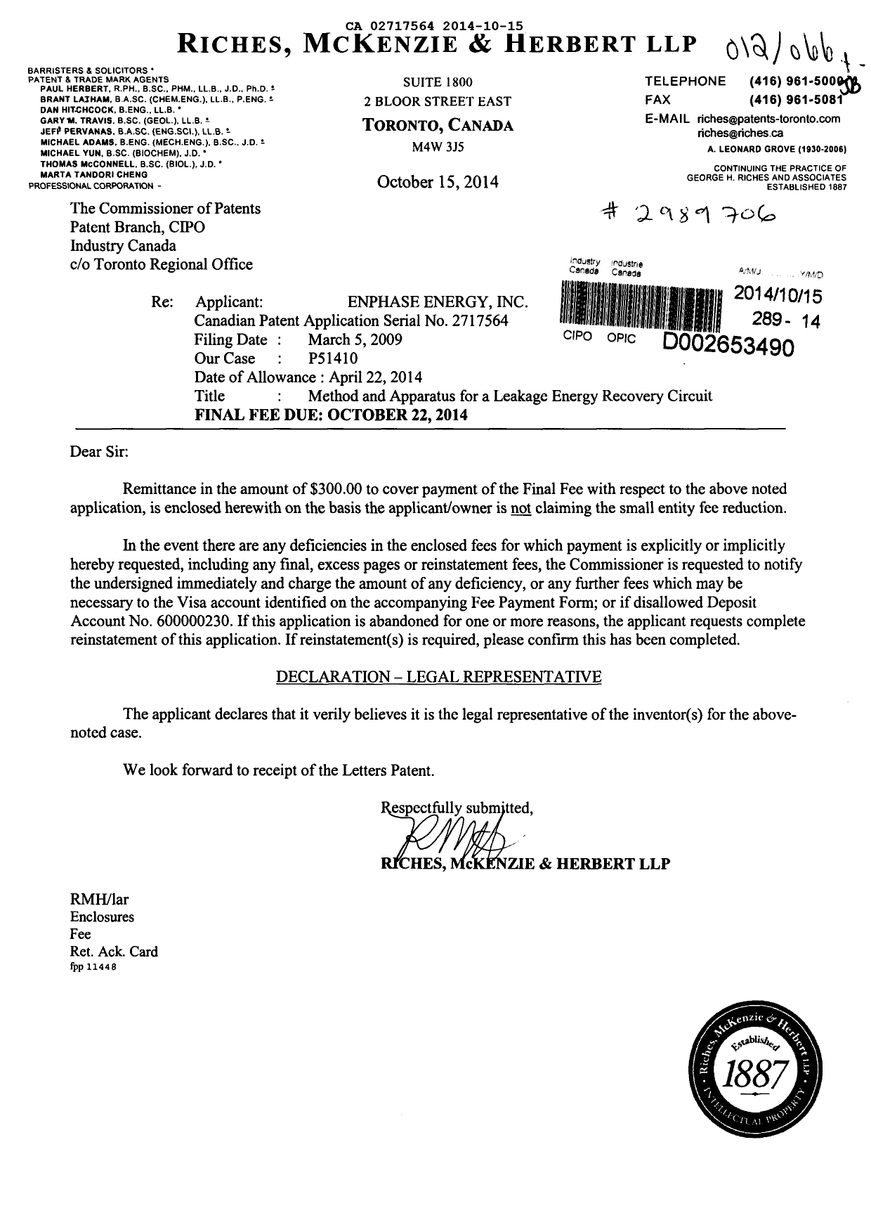 Document de brevet canadien 2717564. Correspondance 20131215. Image 1 de 1