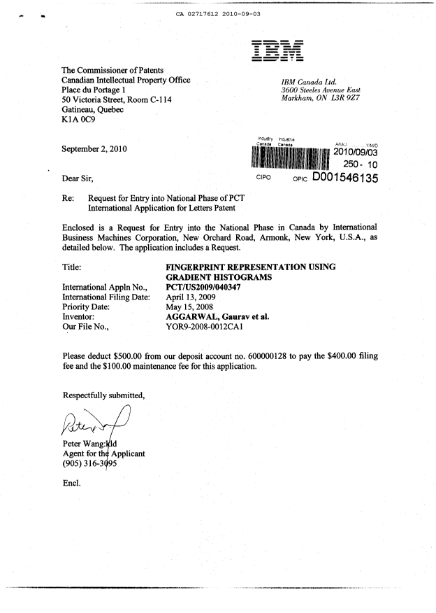 Document de brevet canadien 2717612. Cession 20100903. Image 1 de 3