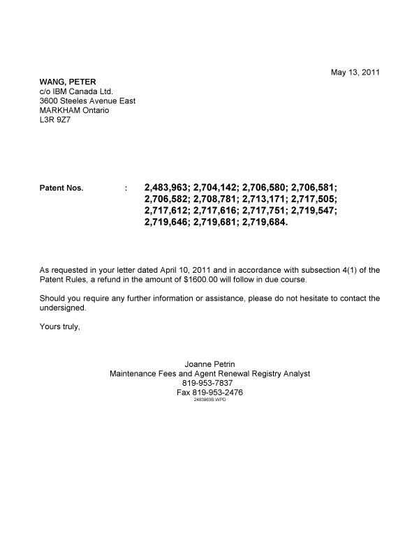 Document de brevet canadien 2717612. Correspondance 20110513. Image 1 de 1