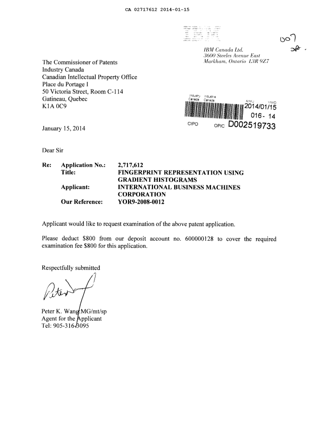 Document de brevet canadien 2717612. Poursuite-Amendment 20140115. Image 1 de 1