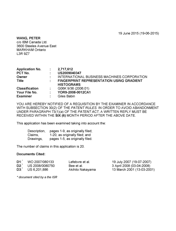 Document de brevet canadien 2717612. Demande d'examen 20150619. Image 1 de 4