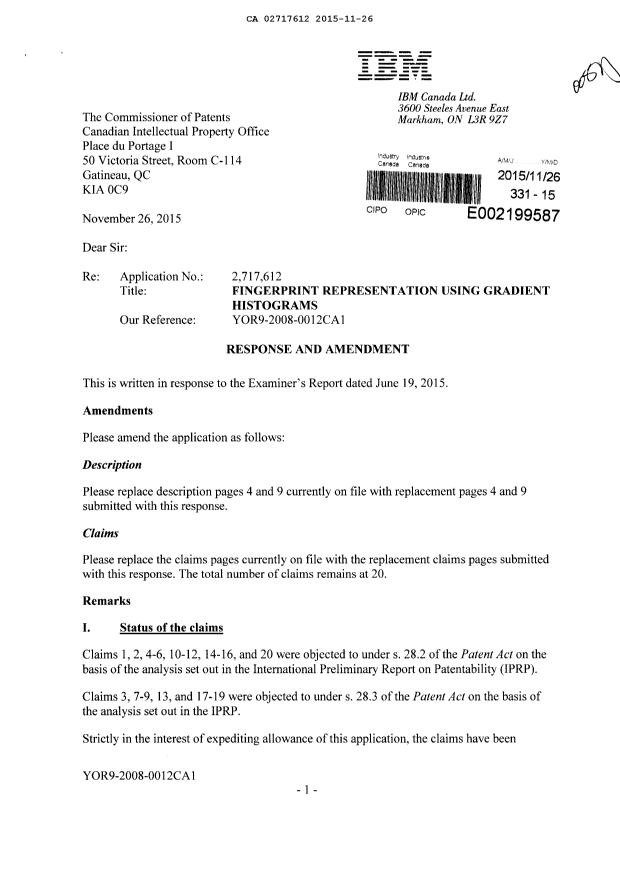 Document de brevet canadien 2717612. Modification 20151126. Image 1 de 9