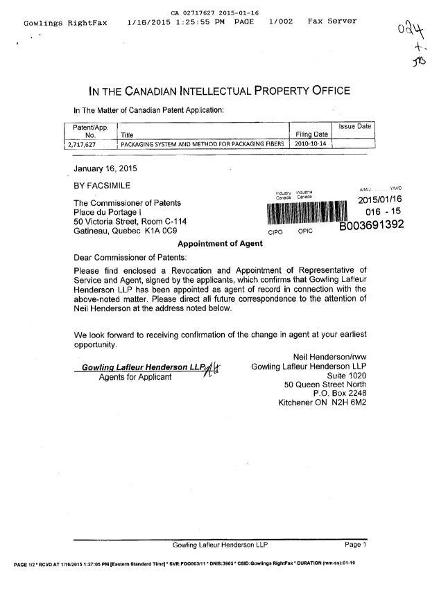 Document de brevet canadien 2717627. Correspondance 20141216. Image 1 de 2