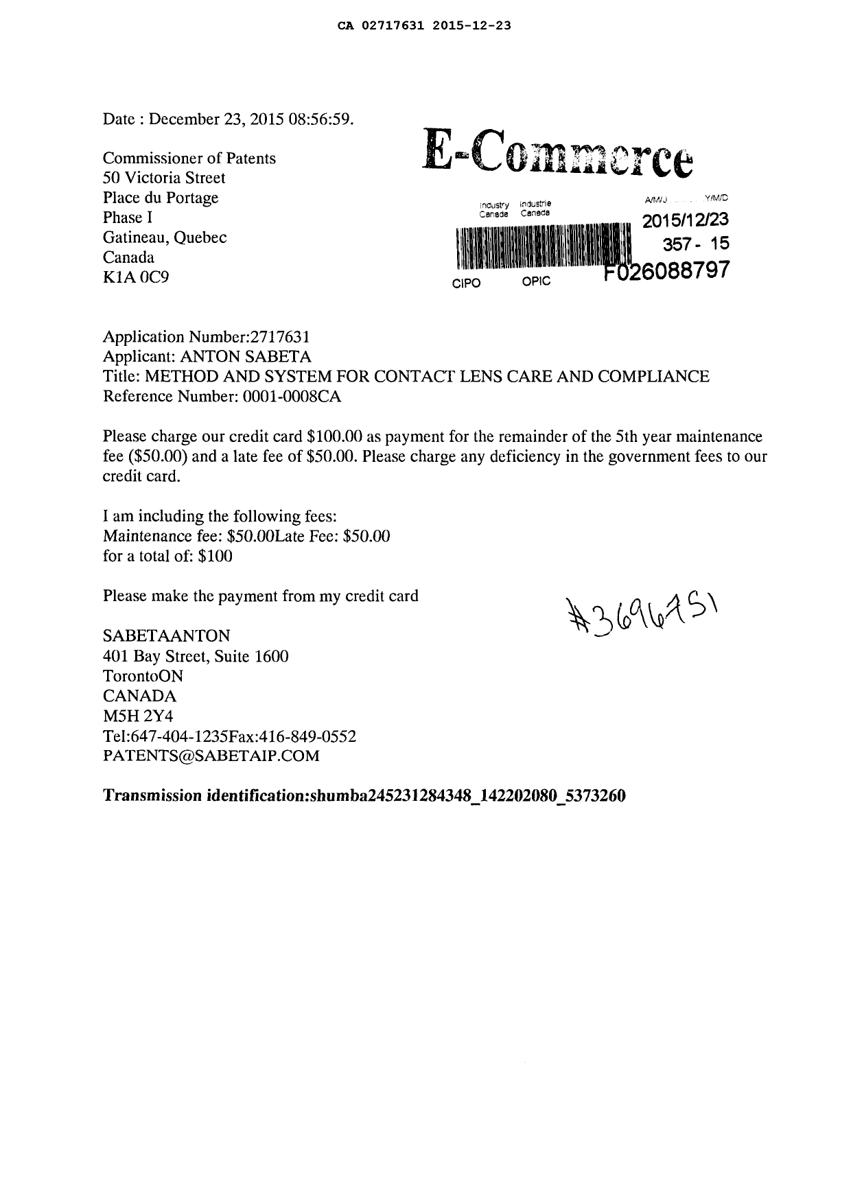 Document de brevet canadien 2717631. Taxes 20141223. Image 1 de 1