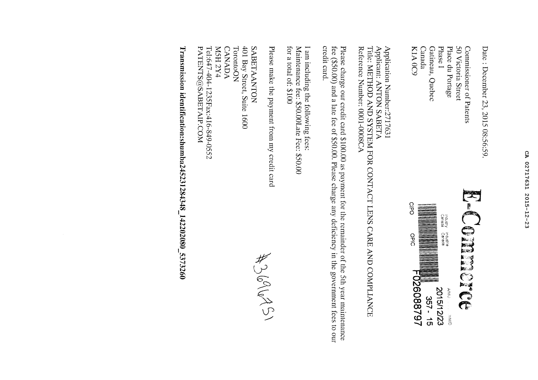 Document de brevet canadien 2717631. Taxes 20141223. Image 1 de 1