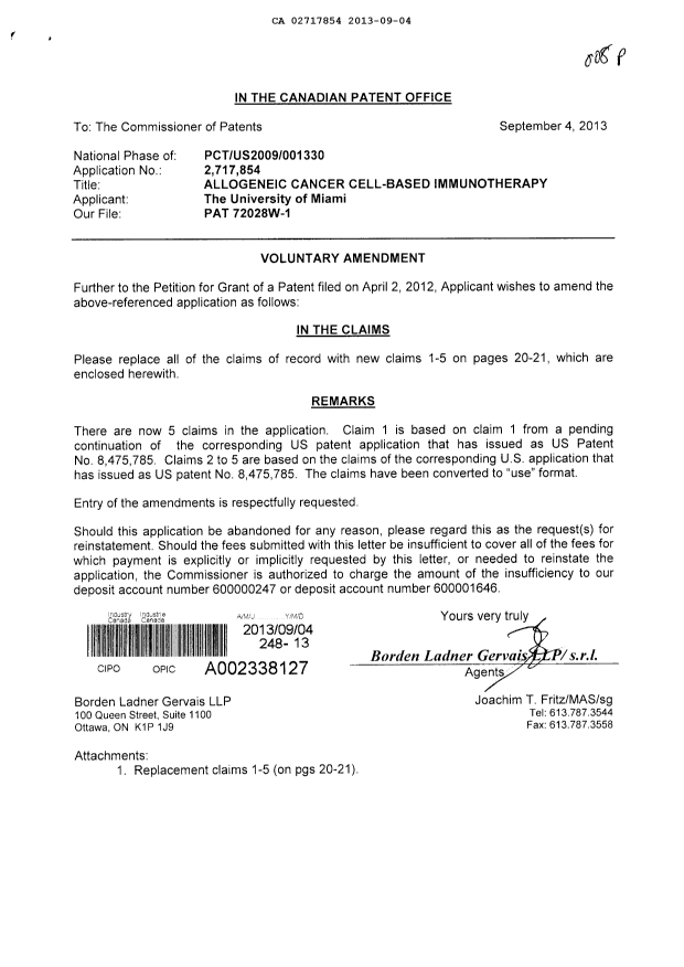 Document de brevet canadien 2717854. Poursuite-Amendment 20121204. Image 1 de 3