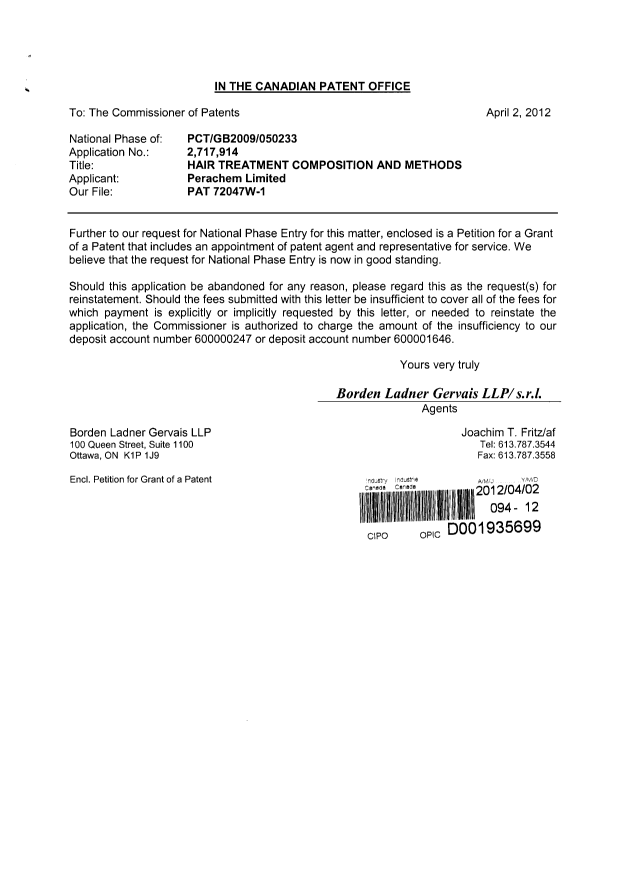 Document de brevet canadien 2717914. Correspondance 20111202. Image 1 de 3