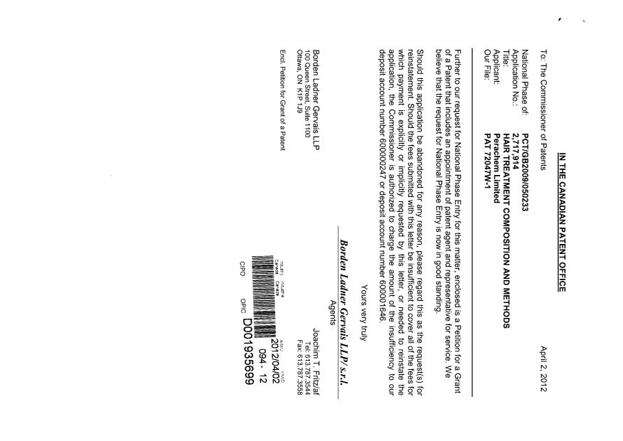 Document de brevet canadien 2717914. Correspondance 20111202. Image 1 de 3