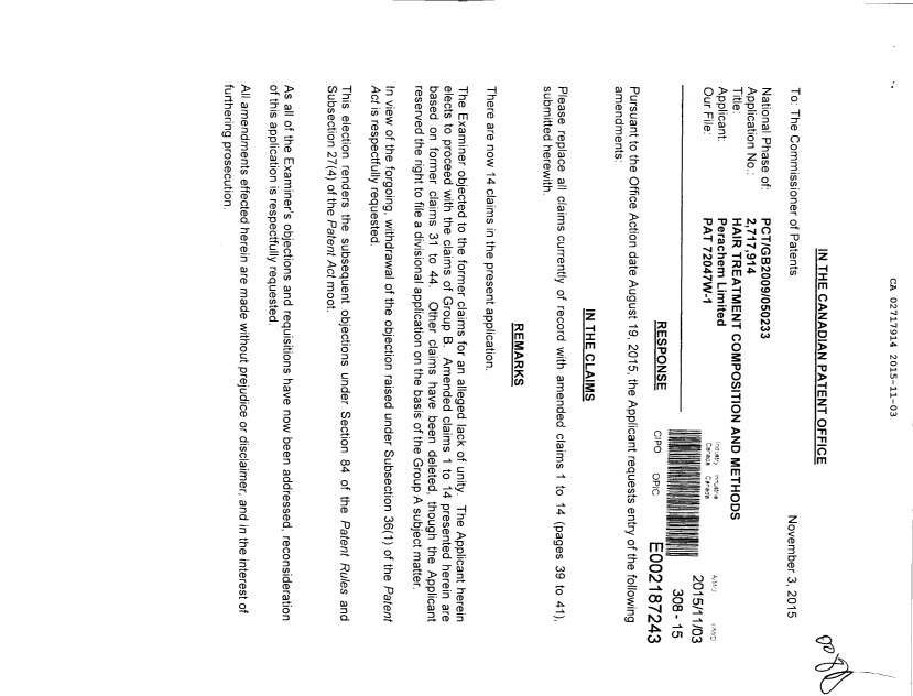Document de brevet canadien 2717914. Poursuite-Amendment 20141203. Image 1 de 5